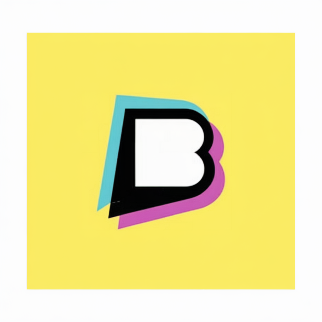 字母 'B' 以鲜艳的黄色背景为衬托。这个字母 'B' 由三个不同的层次组成：一个白色的大写 'B'、一个黑色的小写 'b'，以及它们之间的粉紫色层。这个设计给字母带来立体的外观，粉紫色的层看起来稍微重叠在黑色层上。,logo icon